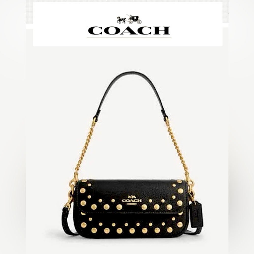 COACH Hailey Flap Shoulder Bag With Rivets. Black leather. CAN97. Brand new